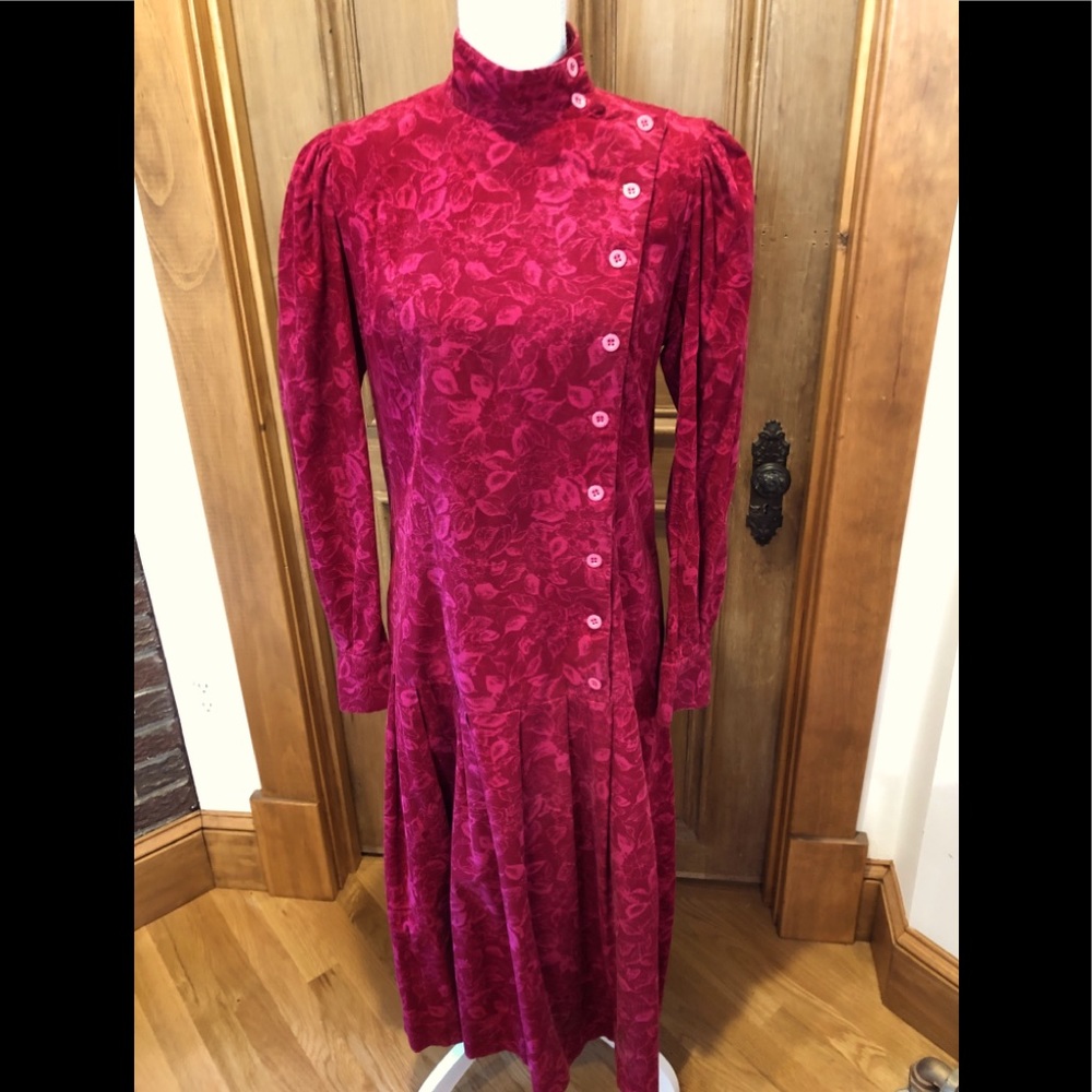 Rare Vintage 1980s Laura Ashley Raspberry Pinwale Corduroy Dropped-Waist Dress